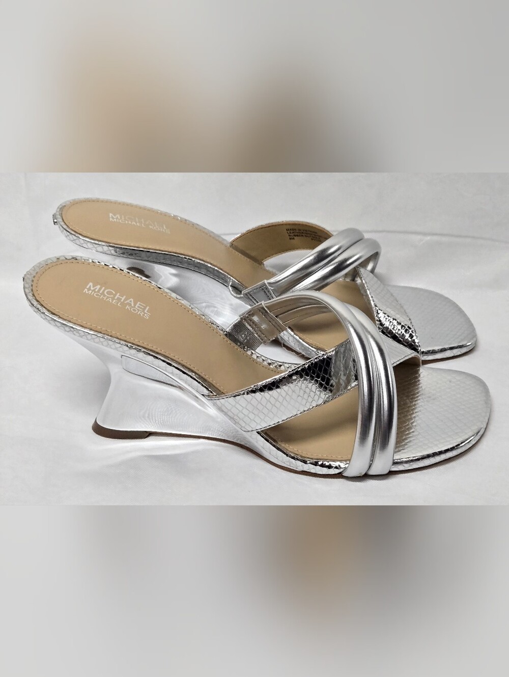 Michael Kors Nadina Sandals Metallic Silver Mirror Wedge Open Toe